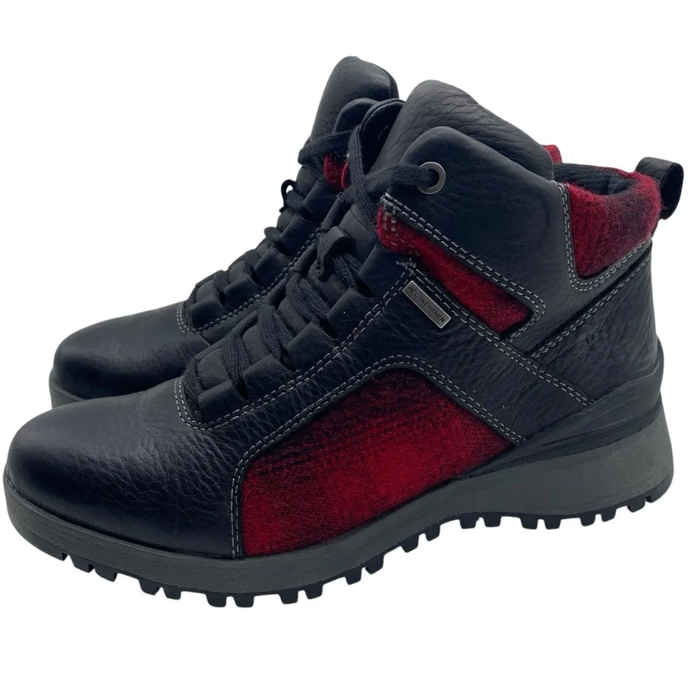Bionica Womens Shoes Dacona Boots Sz 7.5 Red Black Leather Wool Mid Lace Plaid